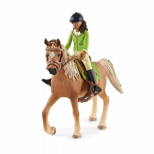 Schleich 42542 Černovláska Sarah s pohyblivými klouby na koni Mystery Schleich